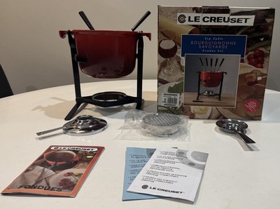 Vintage Le Creuset Fondue Set komplett emailliert Gusseisen Kirschrot mit Box