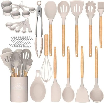 33PCS Silicone Kitchen Utensils Set Non Stick Cooking Tools Wooden Handle Holder