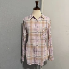 Time and Tru Women Pink Plaid Button Down Collared Shirt Sz L Layer Relaxed Fit