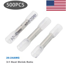 500PCS 26-22AWG Wire Butt Splice Terminals Heat Shrink Butt Connector Waterproof