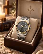 Nova Christian Custom Watch | Grey Arabic Dial Gold Bezel | Christmas Gift