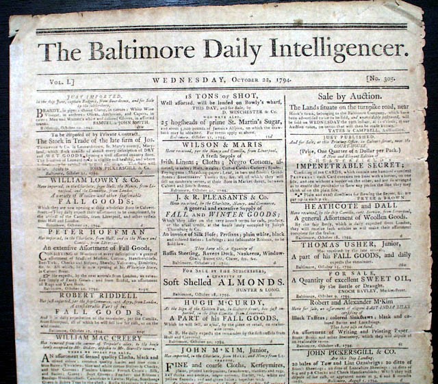 Rare 18th Century BALTIMORE MD Maryland Original 1794 old Antique Newspaper