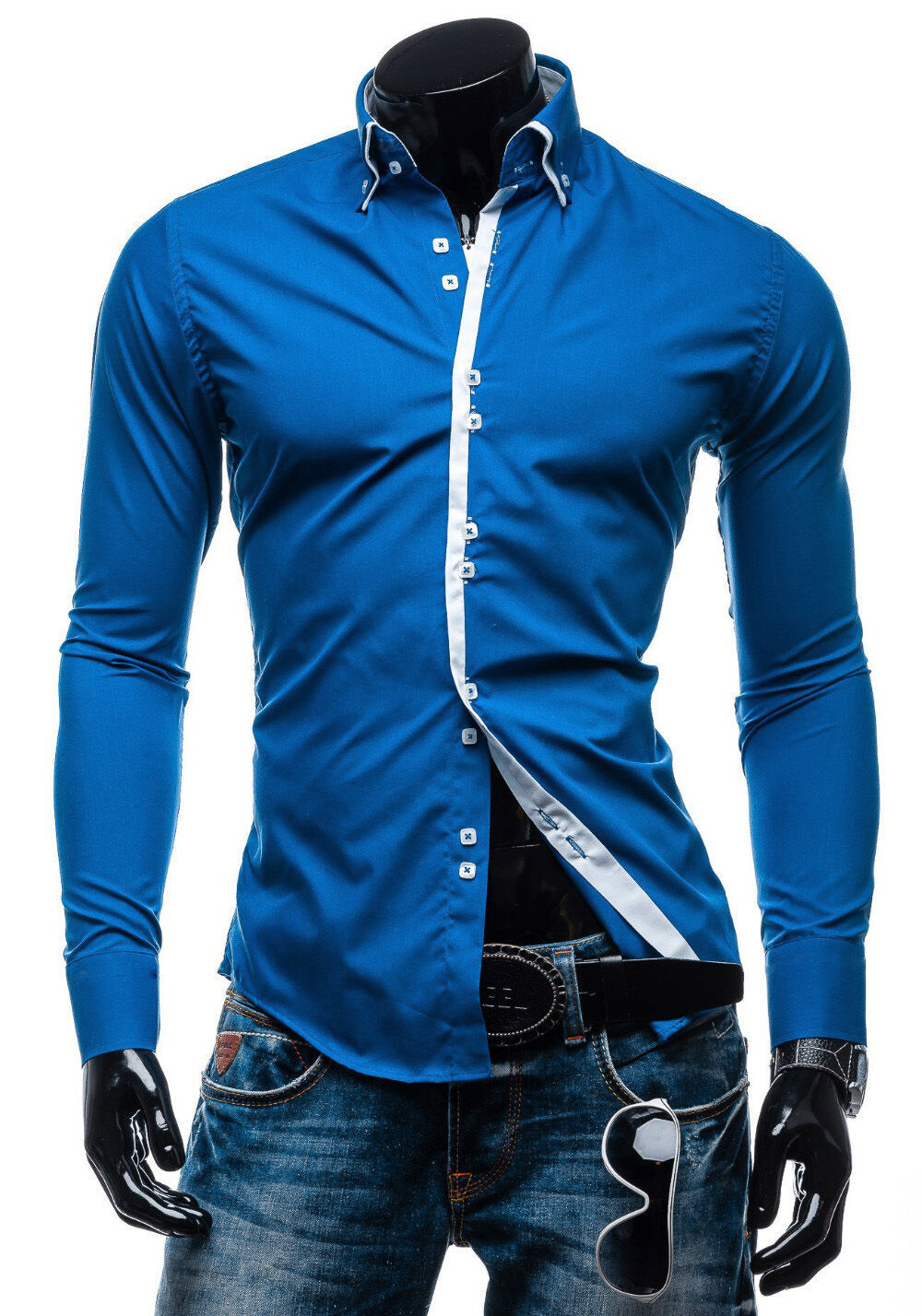 Stylish Mens Slim Fit Casual Double Collar Shirt Long Sleeve M L XL XXL ...