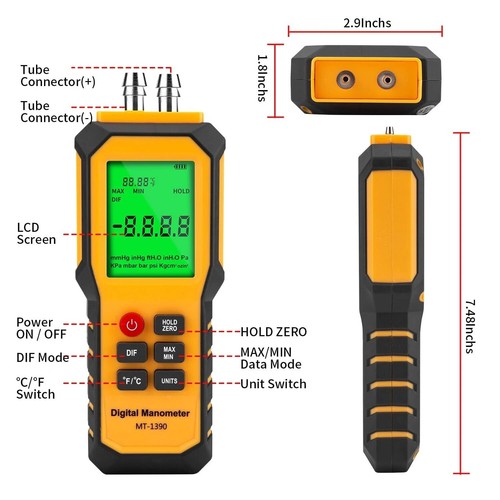 MT-1390 Digital Manometer - Dual Port 5/16" Gasdruckmessgerät für HLK-Tests - Bild 4 von 9