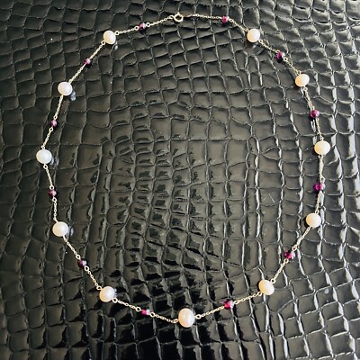 FABULOUS 10K Solid Gold Jacmel Mauritius Pearl & Garnet Bead Chain Necklace JCM