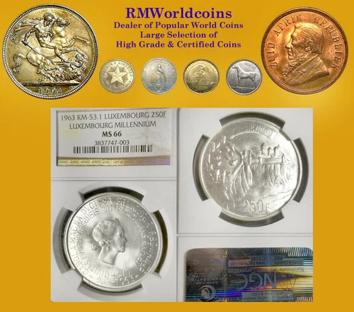 Luxembourg 1963 250 Fr. Rare Gem BU, NGC 66, Rare High Grade, Top Grade