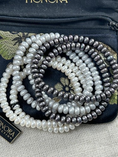HONORA grey/white shades expanding pearl bracelets set of 6 NEW IN POUCH - Picture 3 of 10