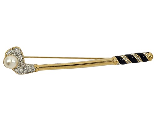 SWAROVSKI SWAN Signed RHINESTONE CRYSTAL & ENAMEL FAUX PEARL GOLF BROOCH ~ 3.5" - Picture 5 of 13