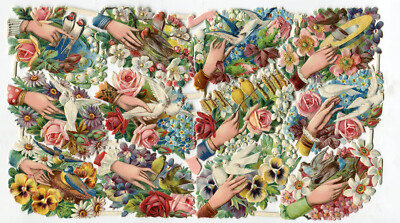 Oblaten scrap die cut chromo  Bogen   Hände Blumen Tauben Vögel