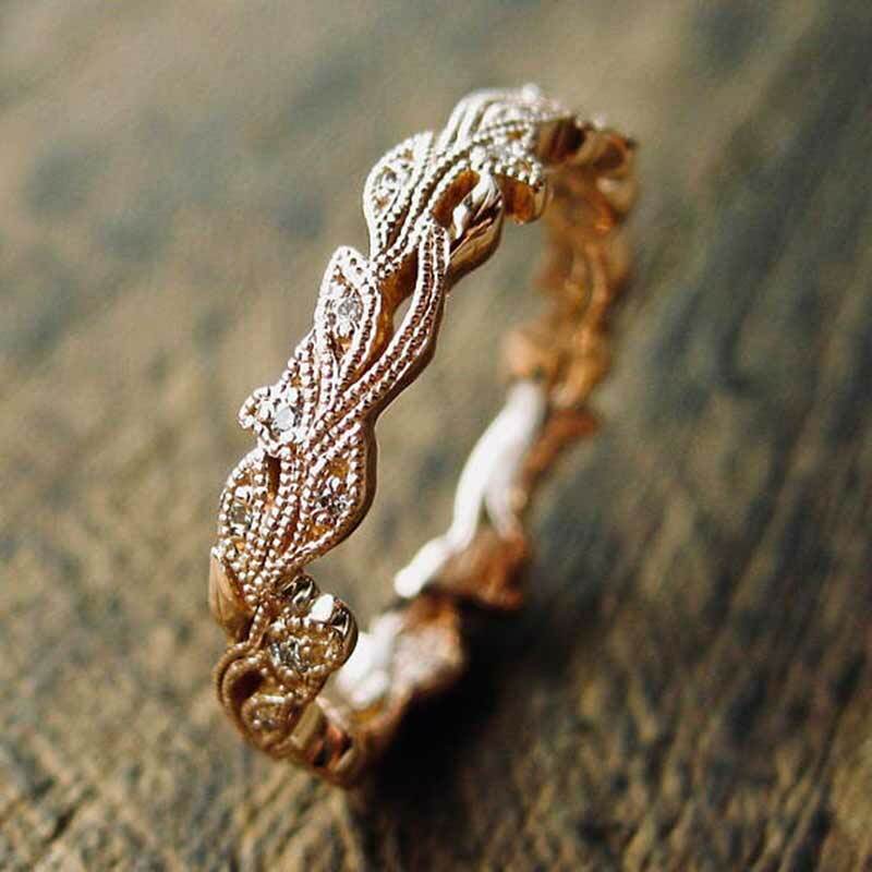 Fashion leaf Rose Gold Filled Rings for Women Round Cut Cubic Zirconia Size  6-10