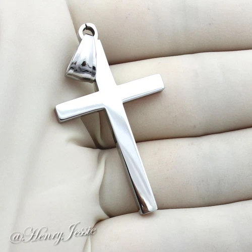 18"-36"MEN Stainless Steel 5mm Silver Cuban Curb Chain Necklace Cross Pendant*P image 2
