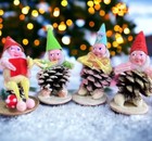 Vintage 1960s Pinecone Christmas Elves Japan Set x4 Retro Choir Pixie Ornaments