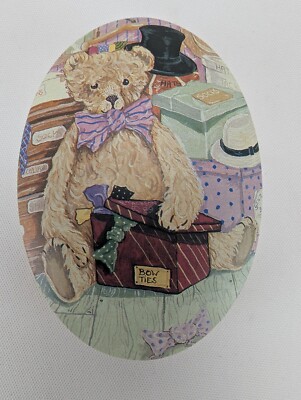 Vintage Oscar & Bertie Teddy Bear Tin Small Oval Trinket Box Storage Container
