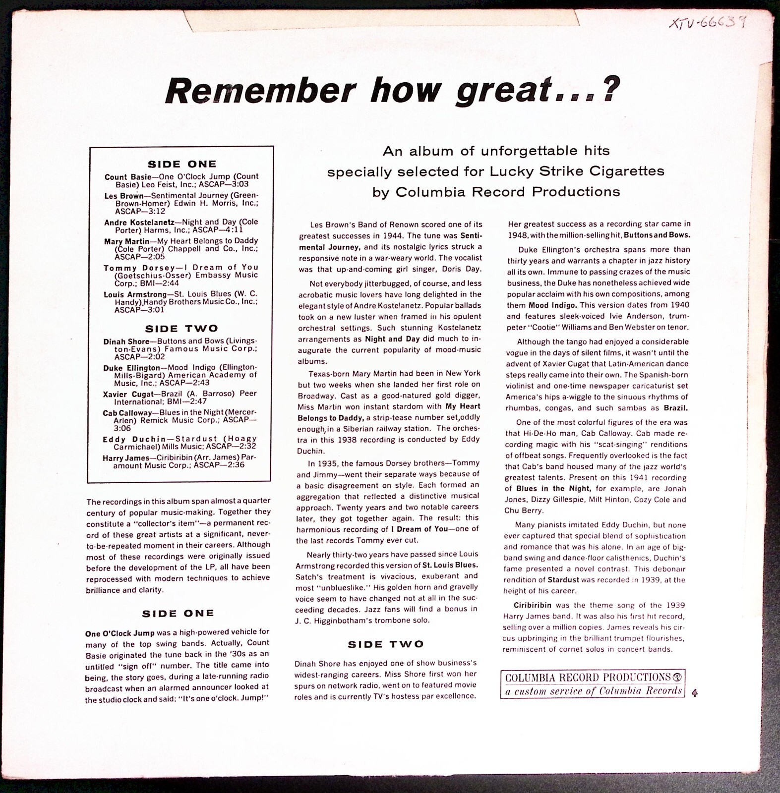 REMEMBER HOW GREAT? LUCKY STRIKE CIGARETTE PROMO COLUMBIA VINYL LP 218-44 thumbnail 2