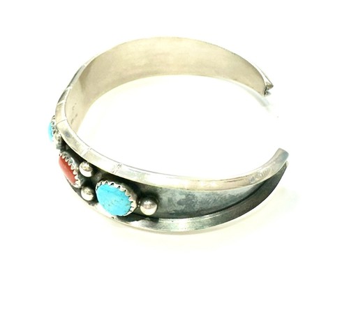 Navajo Native American Turquoise & Red Coral Handmade Bracelet By Reed Charley - Picture 4 of 13