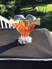 Vintage Magnolia ￼Orange Glass Lustre Ware Pedestal Bowl By Fenton, USA