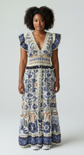 B0 Auth FARM Rio Ocean Tapestry Green Printed Cotton Maxi Dress Size XS