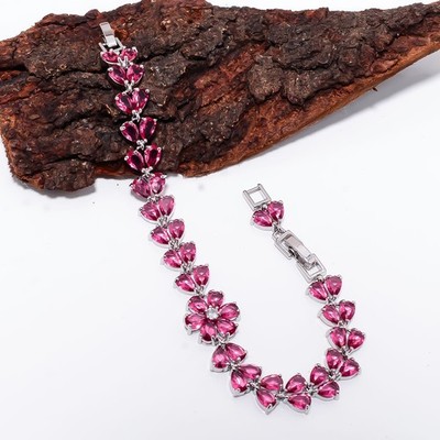 Pink Rubellite Tourmaline, CZ 925 Sterling Silver Adjustable Bracelet 7-8'' B481