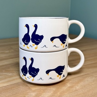 VTG 1980s Blue Goose Geese Soup Coffee Tea Mugs 14oz Cottagecore Japan SET OF 2