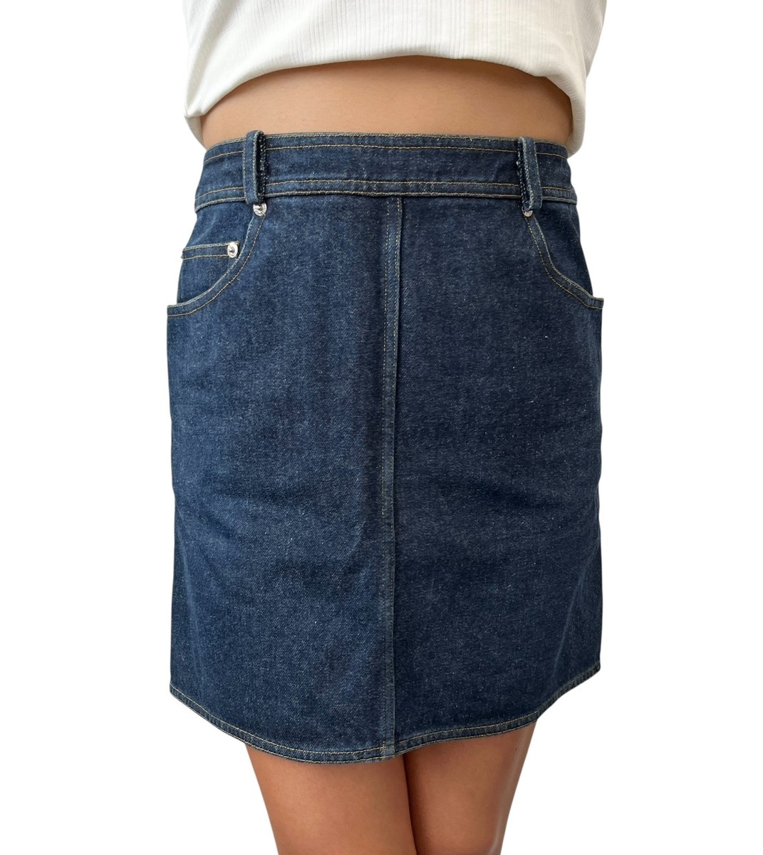 CHANEL Vintage 96P CC Mark Logo Denim Skirt #36 Dark Blue Yellow