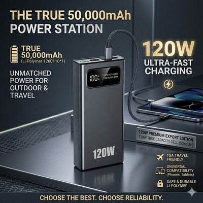 120W Super Fast Charge Power Bank 50000mAh USB C PD Portable Charger Backup Bat