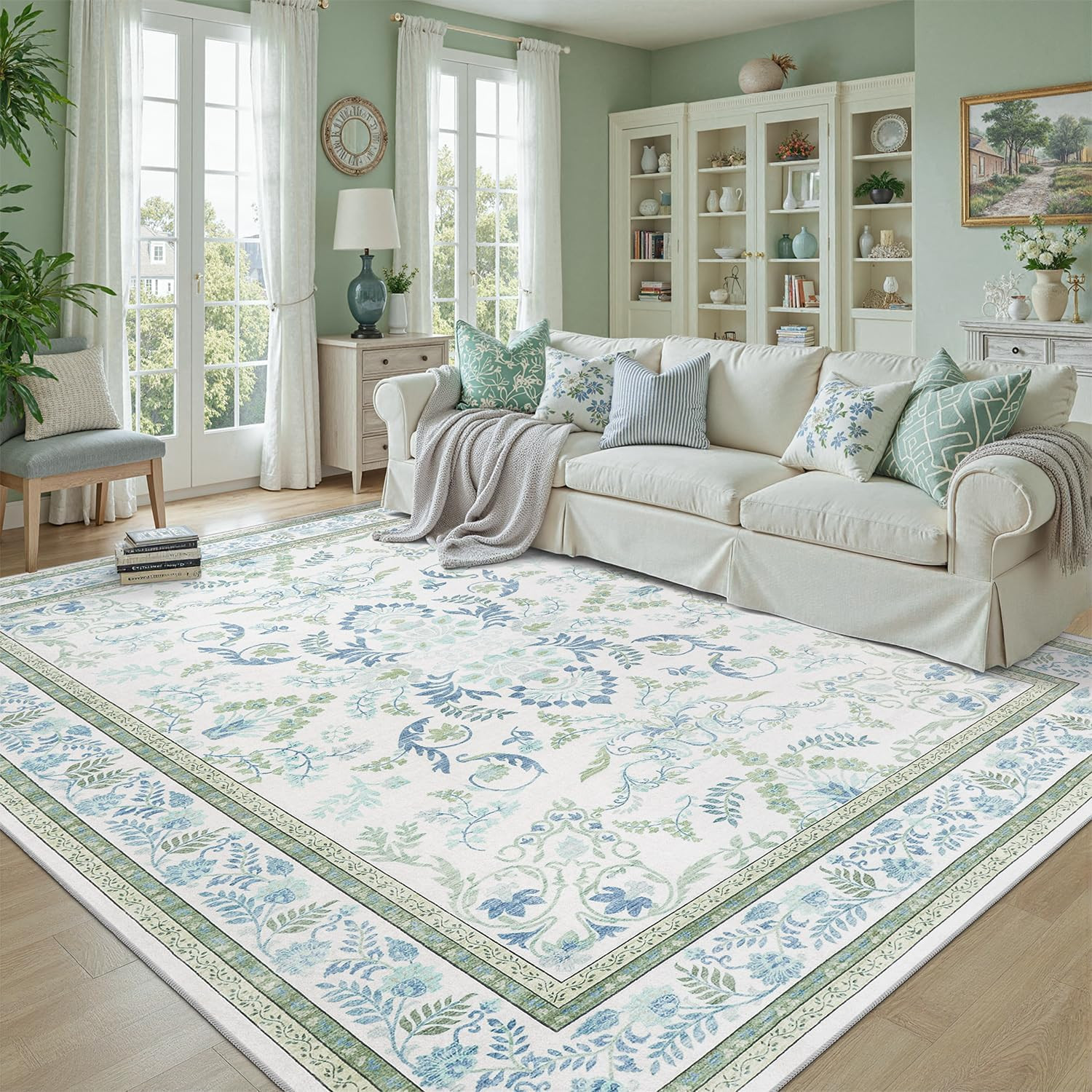 Green 5X7 Area Rug, Machine Washable Non 5' X 7' (Rectangular) Green & Blue