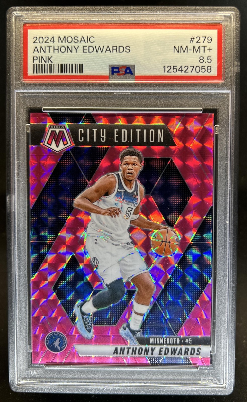 2024-25 Panini Mosaic Anthony Edwards Pink Mosaic City Edition #/175 PSA 8.5 view 1