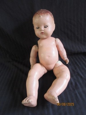 50er Jahre VINTAGE KOMPOSITION BABY PUPPE, ALLES ORIGINAL 19 cm lang