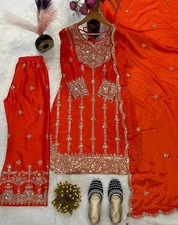 Engagement Wear Orange Chinon Silk Kurta Palazzo With Dupatta For Women