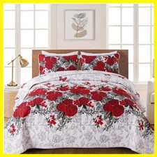 Red Floral Quilt Set King Size Rose Spring Bedspreads Bedding Set  3 Pieces ...