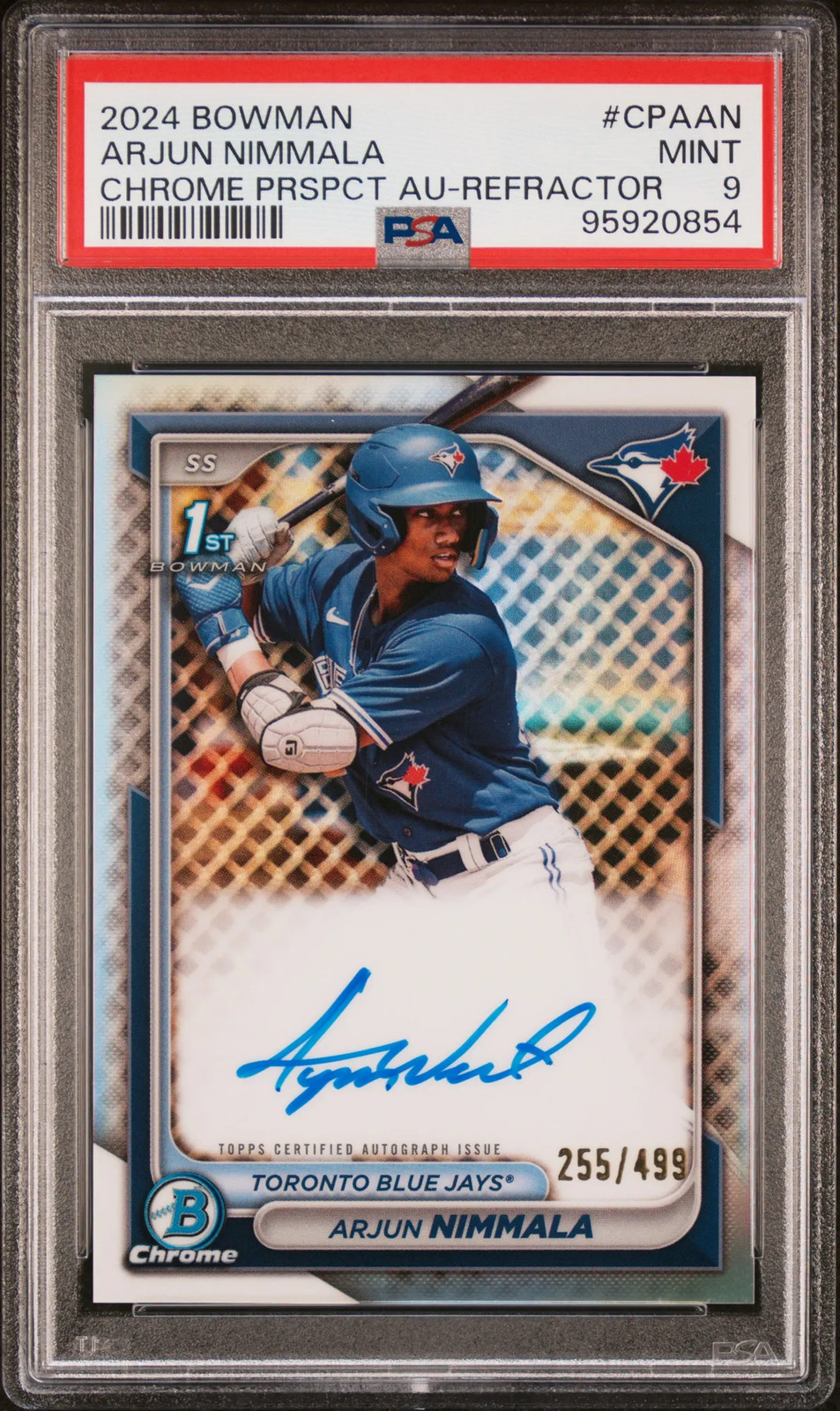2024 Bowman Chrome Prospect Autographs Arjun Nimmala #CPAAN Refractor /499 PSA 9