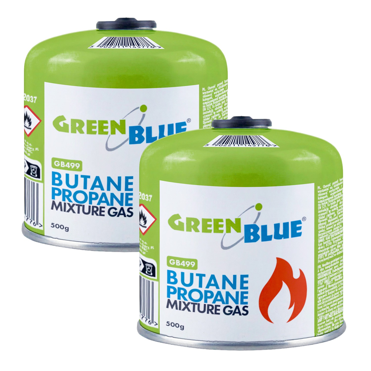 Cartouches gaz 500 g GreenBlue GB499 avec valve filetée EN417, lot de 2 bouteilles camping
