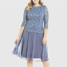 Alex Evenings Mock 2-Piece Lace Tea Length Dress Sz 14p  Blue Smoke  509