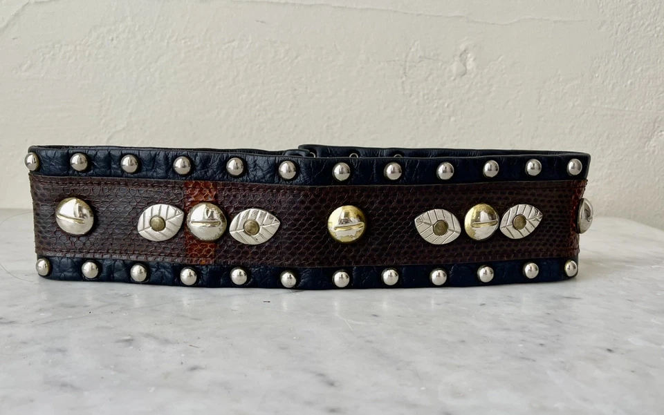 VINTAGE 1980's Studded BELT Black Leather Brown Snake Skin Waist 27”-29” - Image 3 of 4