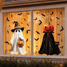 Halloween Window Clings: Large White Ghost Jack 35.5 x 14 inch, White, Black
