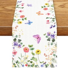 Wild Floral Table Runner, Watercolor Spring Summer Flower Butterfly Botanical...