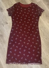 Forever 21 Plum Bow Short sleeved stretchy Dress Lettuce Hem Small Preowned