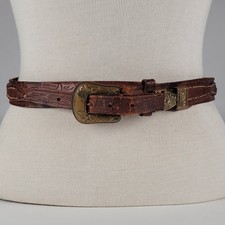Vintage Hand Tooled Leather Belt  Buckle Cowgirl USA Destressed See Photos