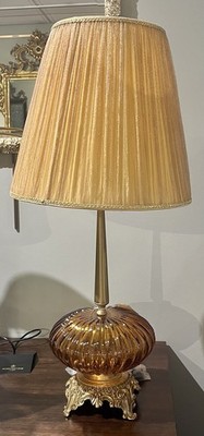  Vintage Hollywood Regency Table Lamp Mid Century Amber Glass Brass 33'' Showroom