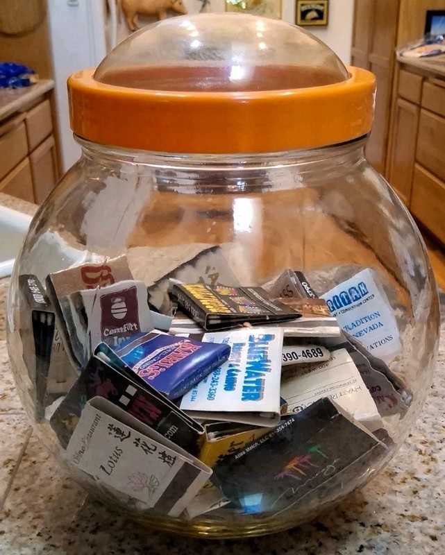 70's Bubble Glass Jar w/Plastic Orange Screw Bubble Lid w/60+ Vintage MatchBooks