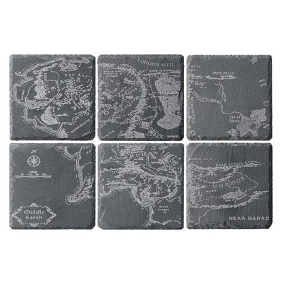 LOTR Middle Earth Map Coasters Set of 6 - Fantasy Slate Drink Coasters with I...