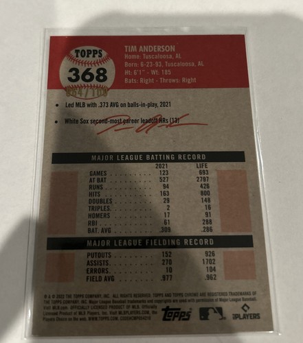 2022 Topps Chrome Platinum Tim Anderson #/100 Fuchsia Atomic Refractor 368 - Picture 2 of 2