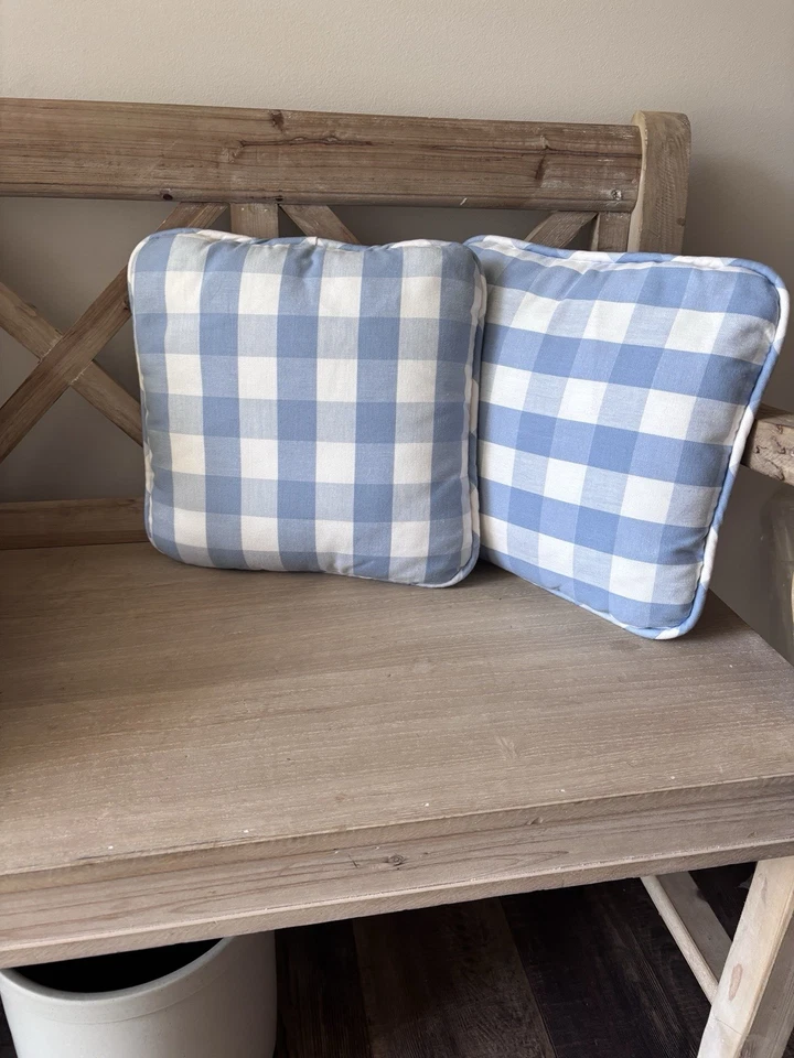 Vintage Pillows Blue White Gingham Plaid Cottage Shabby 2 Pillow Lot Cover - Image 3 of 4