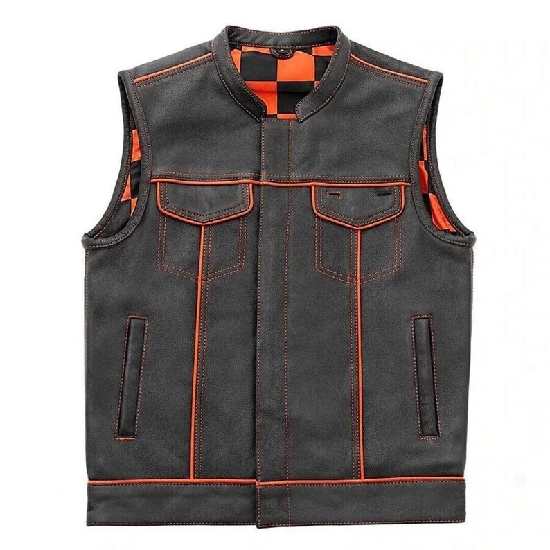 Men's Black Cowhide Leather Motorcycle Vest Checkered Lining Club Biker Vest - Image 4 of 4