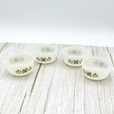 Vintage Set of 4 Fire-King Milk Glass Custard Cups #434 Meadow Green Pattern