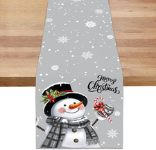 Grey Snowman Christmas Table Runner, Seasonal Winter Snowflakes Xmas Holiday Tab