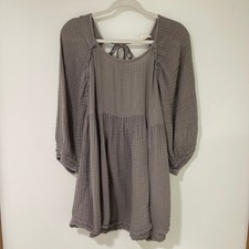 Free People Textured Gauze Babydoll Mini Dress Womens L Grey Balloon Sleeve Boho