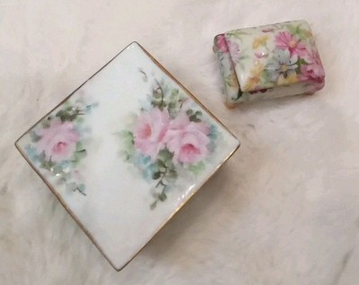 Two Hand Painted Trinket Jars  One Mini and Footed