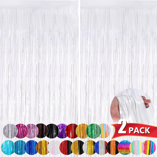 White Metallic Tinsel Foil Fringe Curtains, 2 Pack 3.3X8.3 Feet Streamer Backdro