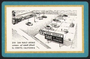 Vintage single playing card SERVE YOURSELF Gasoline blue border El Cerrito Calif